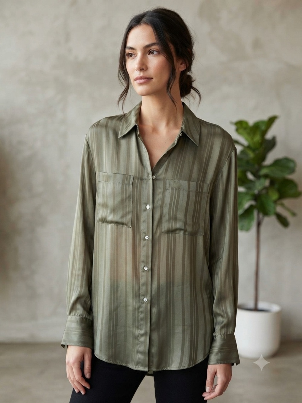 Reitmans Olive Satin Stripe Button-Down Blouse size~M